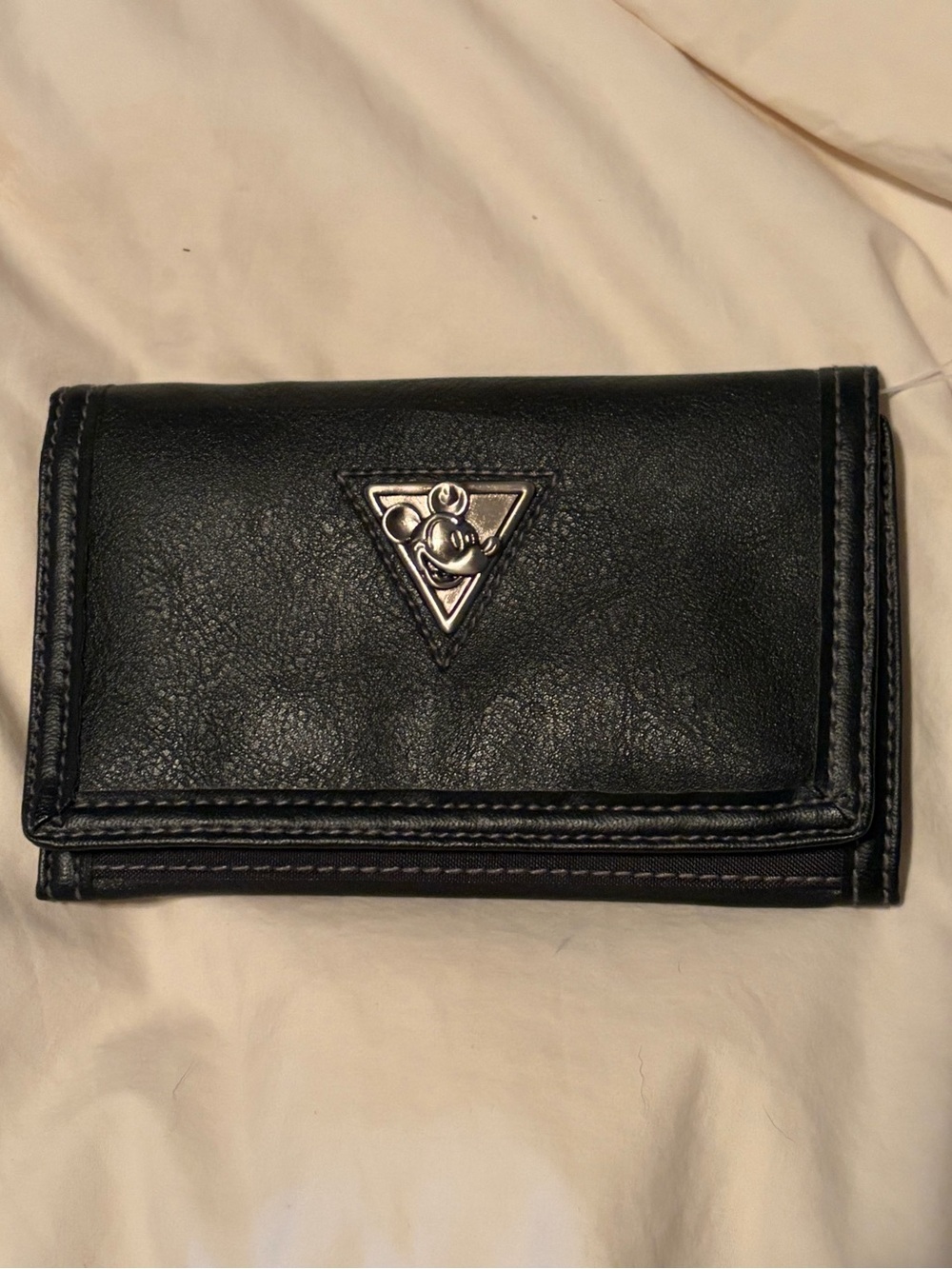 Black Women's Trifold Velcro Wallet with Silver Mickey Mouse Logo